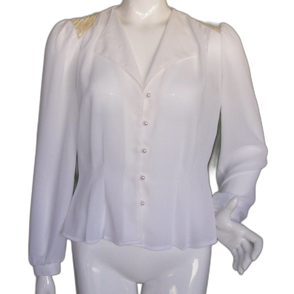 Vintage Contempo Casual Blouse, M, Off-white, Sequin statement Shoulders, LS